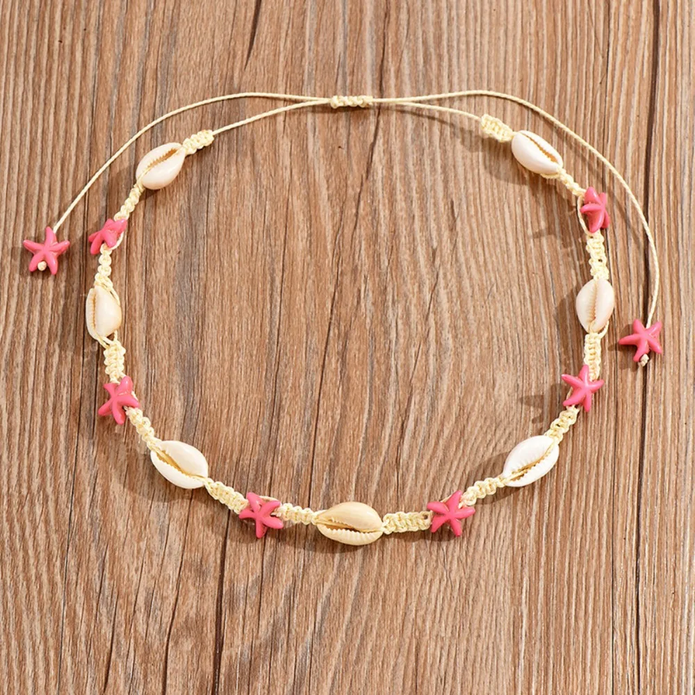 Simplicity Hand Woven Shell Necklace Shell Rope Bohemia Style Necklaces Pink Starfish Necklaces