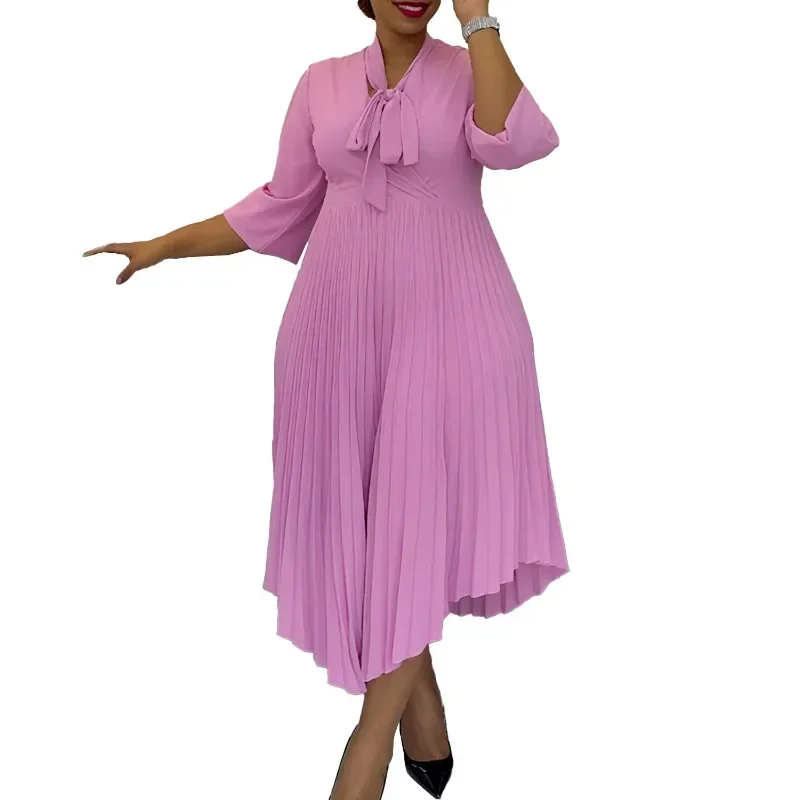 

Dashiki African Dresses for Women Autumn Elegant African 3/4 Sleeve V-neck Polyester Pleat Long Dress Outfits Africa Clothing