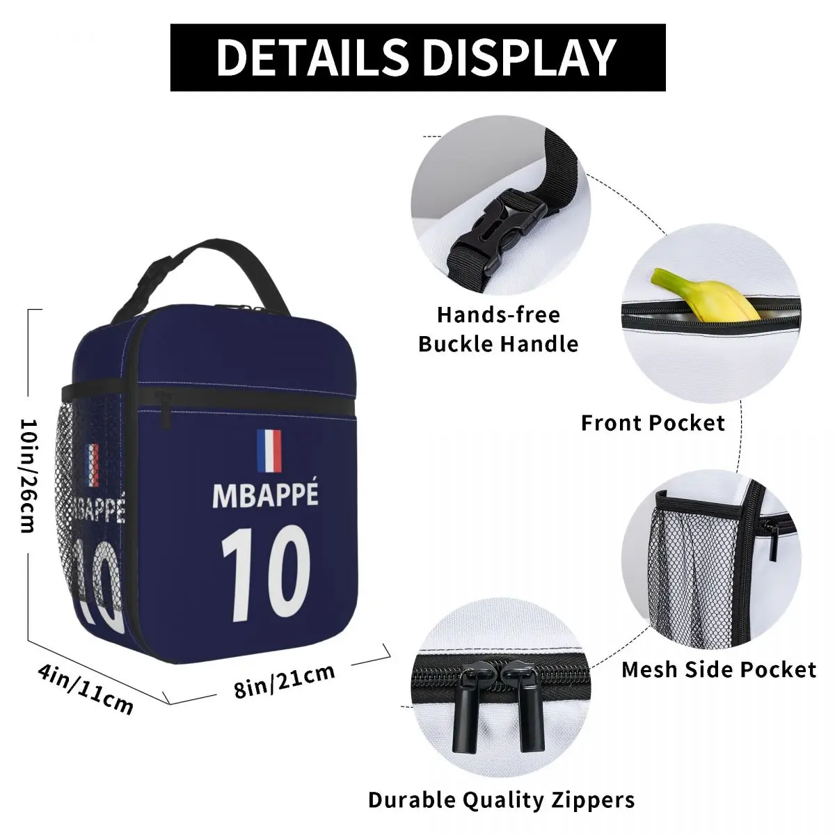 KM Mbappes Soccer Insulated Lunch Bag for Work School French Flag Football Waterproof Thermal Cooler Bento Box Women Kids