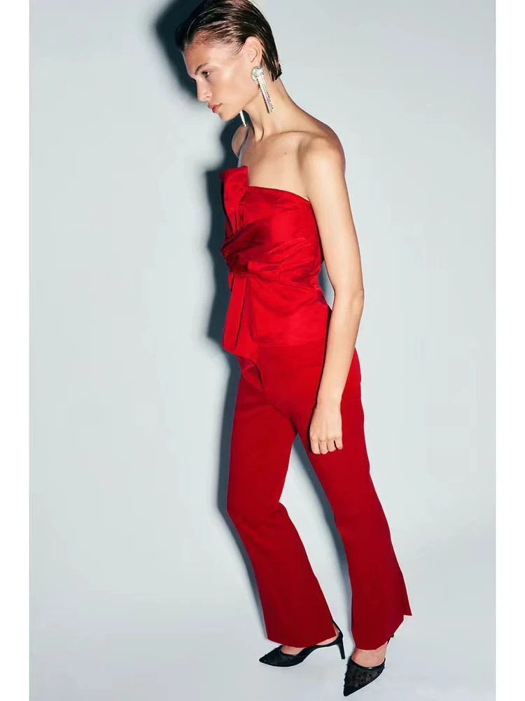 YY0332 25 Spring New Product Women's Fashion and Sexy Design Sense One Piece Collar Sleeveless Red Dress strapless Top