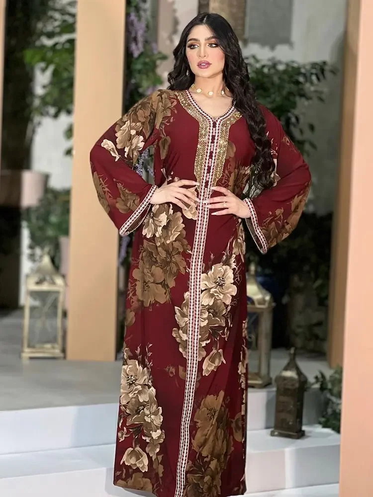 

Floral Printed Abaya Long Dress Women Diamonds Arabic Party Muslim Loose Robe Saudi Gulf Jalabiya Moroccan Kaftan Maroon