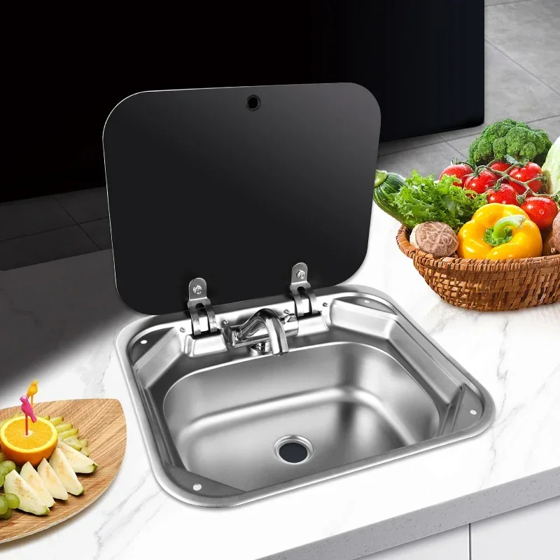 Hot RV Kitchen Sink With Faucet Tempered Glass Cover Stainless Steel Square 420mm Sink for RV Caravan Camper Kitchen Accessories