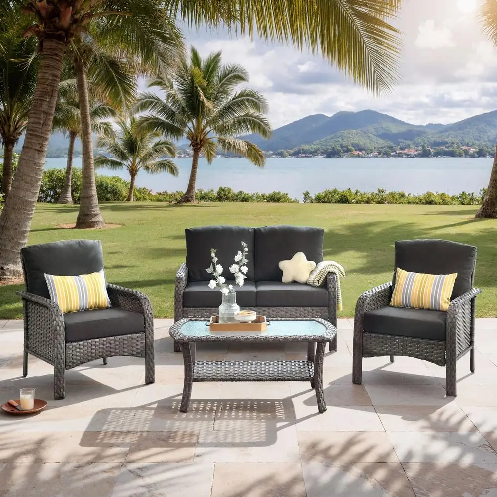 

4-Piece Outdoor Patio Furniture Set with Coffee Table, Cushioned Wicker Sofa, Rattan Couch for Deck and Poolside, Black