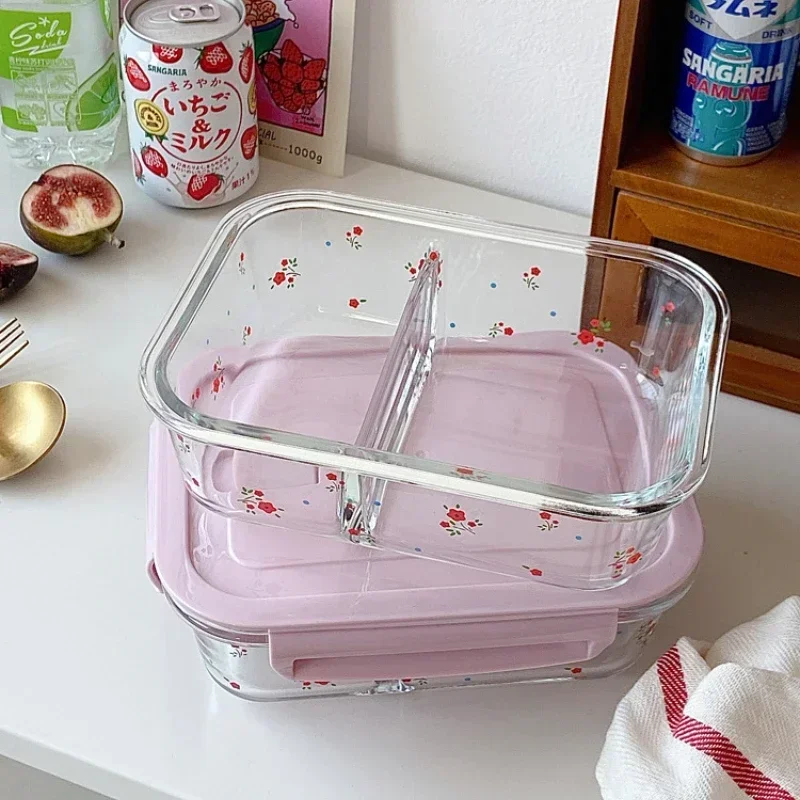 Cute Blue Pink Flowers Glass Lunch Commuting To Work Microwave Oven Heating Special Bowl Lunch Box Rice Box Set Sealed with Lid
