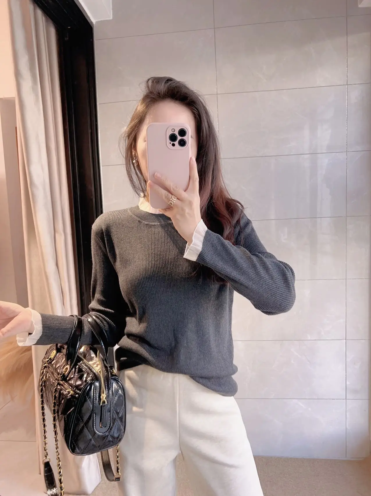 

Slimming High Elastici Soft Romantic Ultrine Wool Lace Knitwear French Sle Women's Long Sve round Ne Pullover