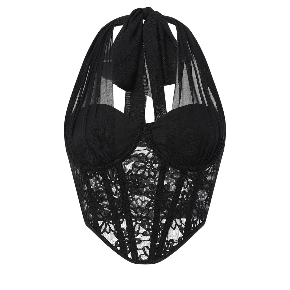 Elegant Mesh Lace Camisole Slim Fit Sleeveless Lace Flower Corset Suspender Vest Transparent Fishbone Corset Camisole Travel