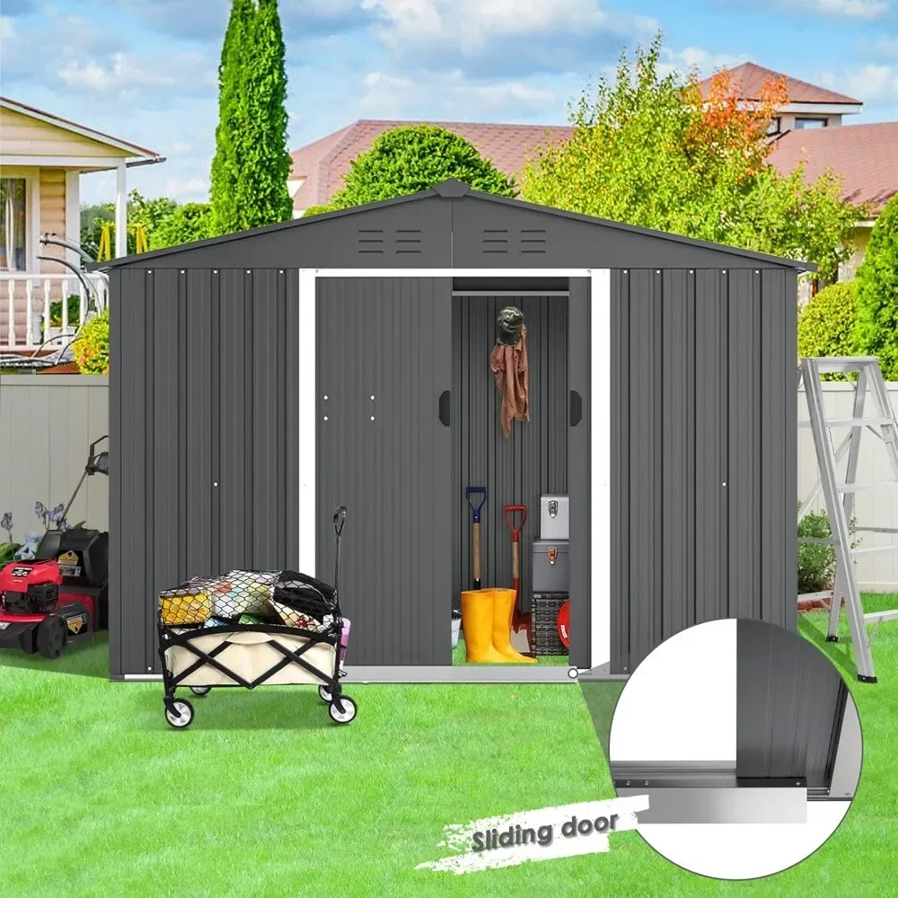 Outdoor 6 X 8 Feet Tool House with French Door Backyard Garden Storage Shed Outdoor Lawn Steel Roof Style Shed, Garden, Gray