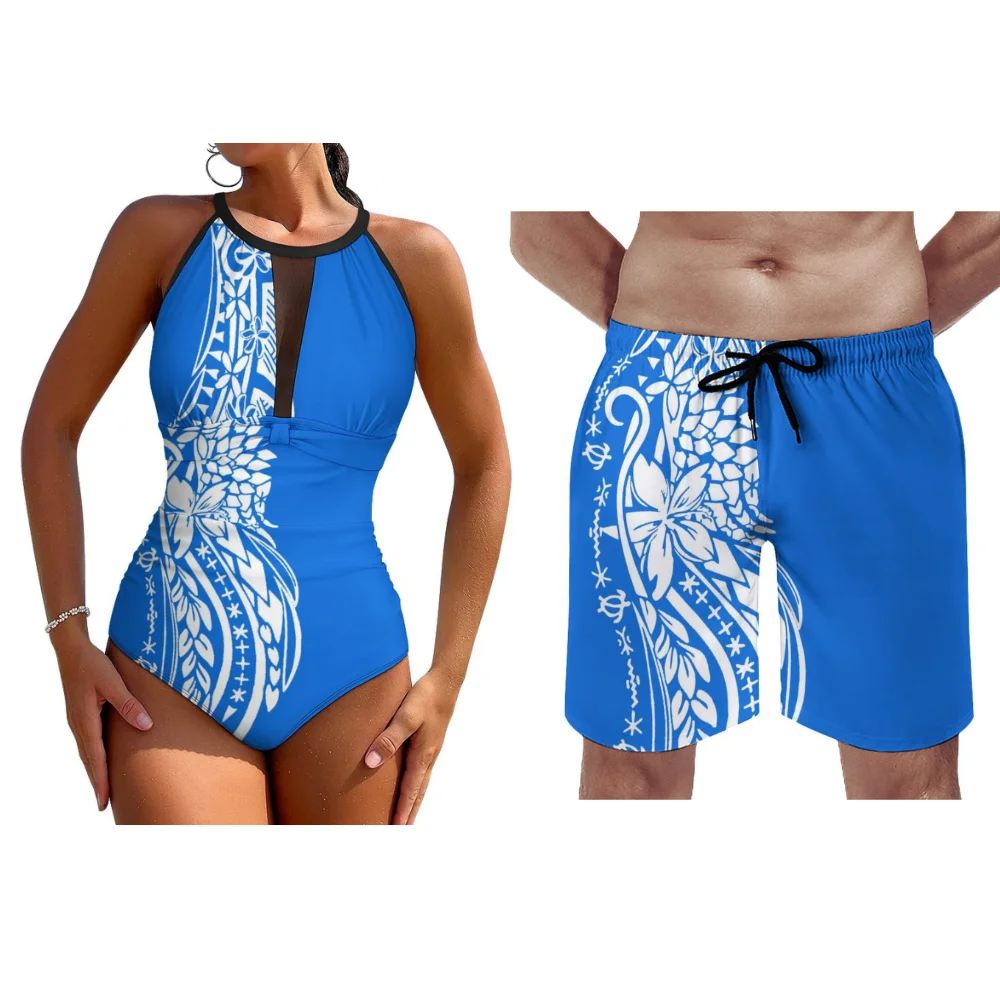 Pacific Islands Retro Ethnic Style Swimwear Summer Seaside Couple Suit Party Swimwear Women's Thigh-High Bikini Men's Shorts