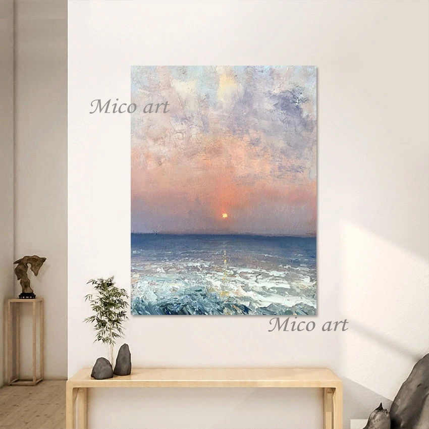 3d Beautiful Sunset Scenery Picture Modern Sea Wave Oil Painting Abstract Frameless Canvas Wall Art Decoration Acrylic Artwork