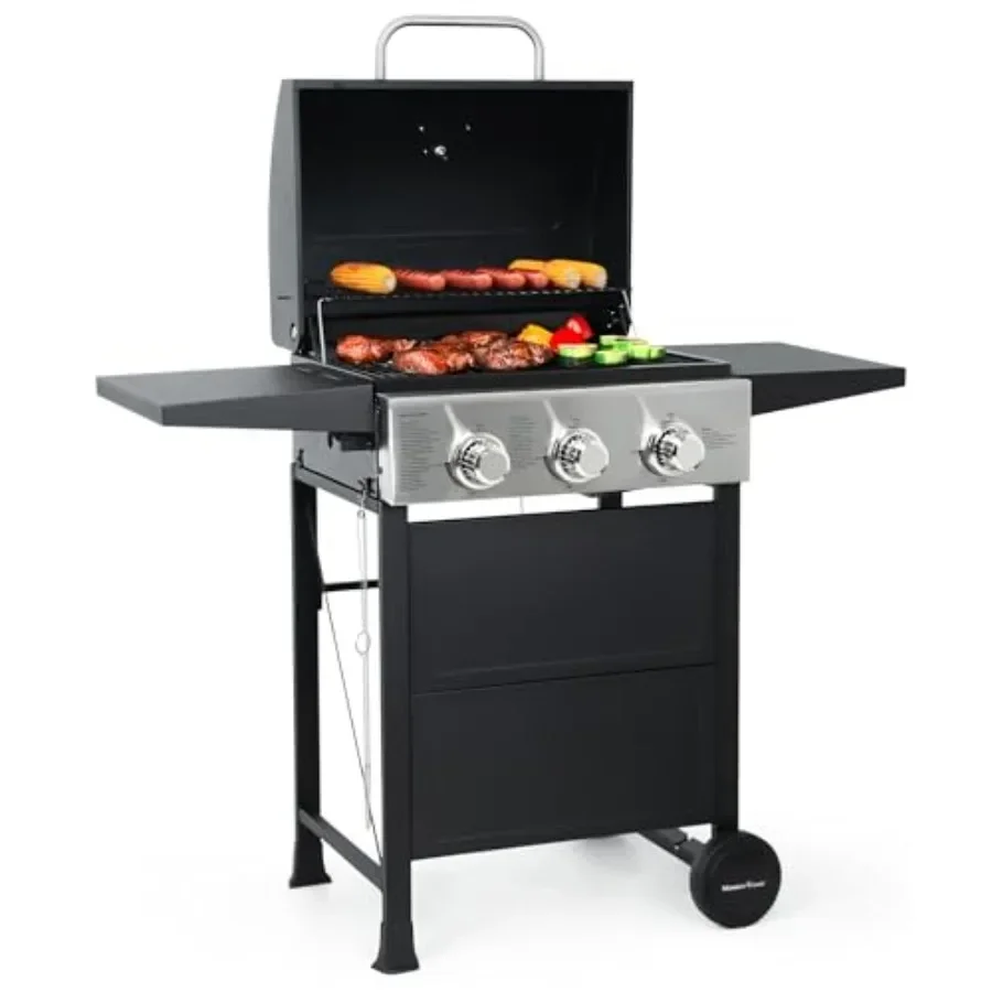 Outdoor patio backyard 3-burner propane gas grill with 472 sq. in. cooking area, 30, 000 BTU output, stainless steel constructi
