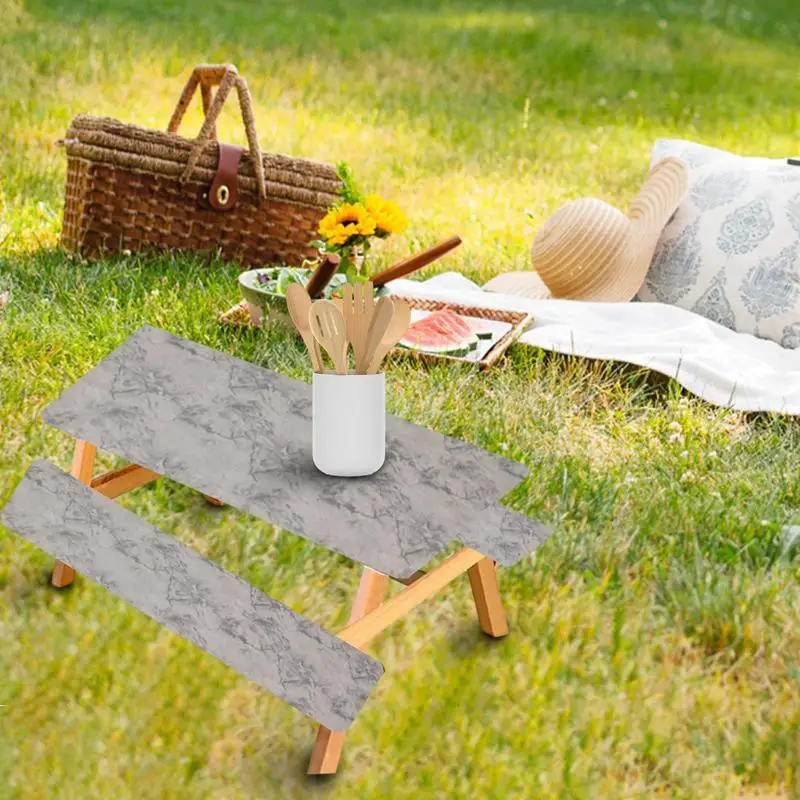 3PCS/Set Picnic Table And Bench Fitted Tablecloth Cover Elastic Waterproof Flannel Backing Tablecloth For Picnic Camping