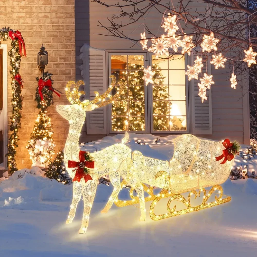 6 FT Christmas Lighted Reindeer & Santa’s Sleigh, Xmas Lighted Outdoor Yard Decoration W/ 215 LED Lights & 4 Ground Sta