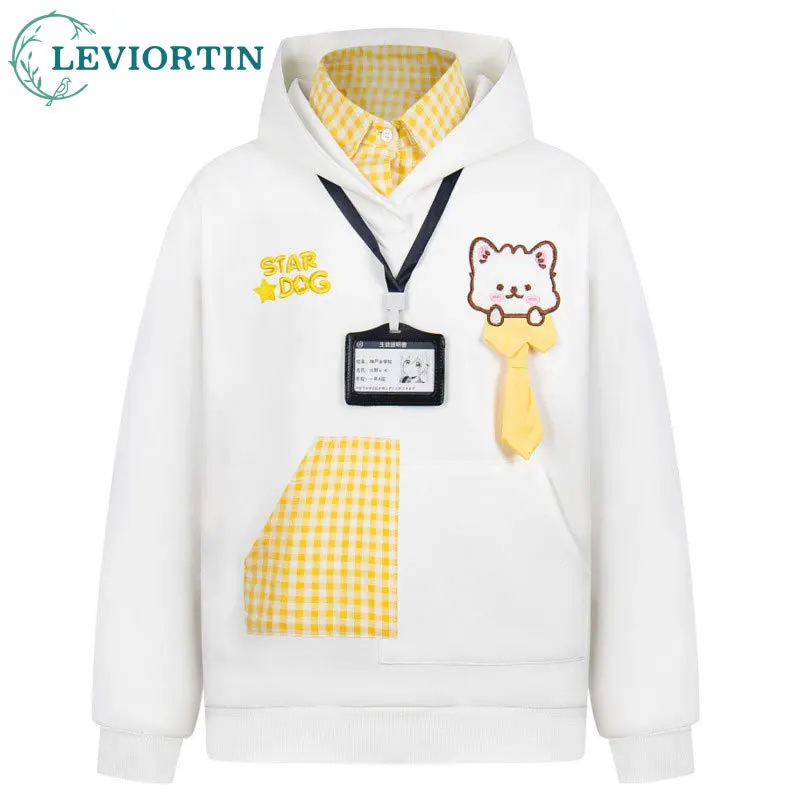 

autumn men's fashionable versatile cartoon dog ear hooded contrasting plaid shirt collar design fake two-piece loose hoodie