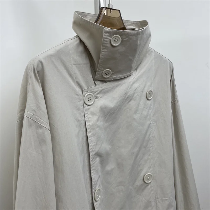 سترة نسائية جديدة لخريف 2025 مزدوجة الصدر بقصة ضيقة وطية صدر وأكمام طويلة معطف نسائي من القطن الخالص عالي الجودة ملابس خارجية