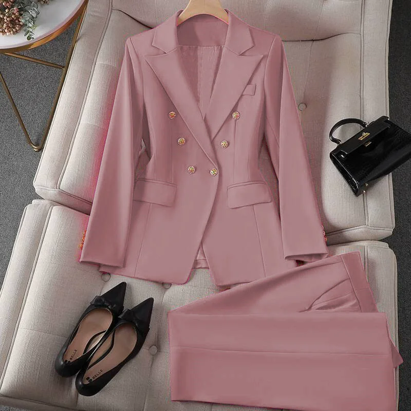 

Autumn 2025 Women's Faion s Jaets Suits Pants 2pcs Slim Fit Polyester Commute Workwear Pure Color Double Breasted