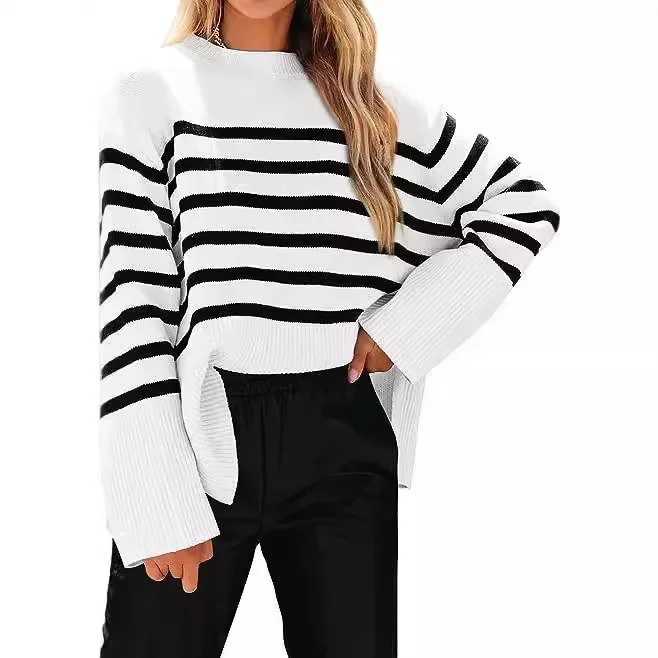 2024 Cross-border Europe and The United States Women Autumn and Winter New Loose Striped Fat Sleeve Knitted Pullover Stripe Top