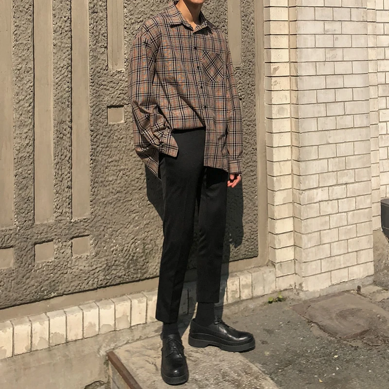 

Loose Long Sve Plaid irt Men's Autumn Spring Faion Retro Hong Kong Sle Korean Iuenced Button up Casual Outerwear