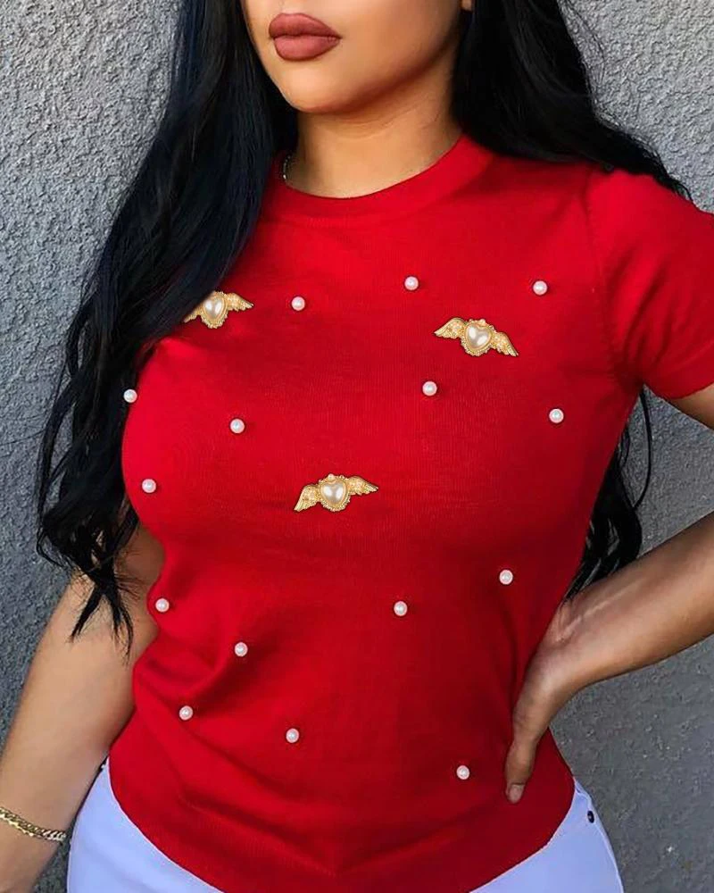 

Round neck short sleeved pearl decoration short top for women, simple and casual, women's summer waist cinching T-shirt