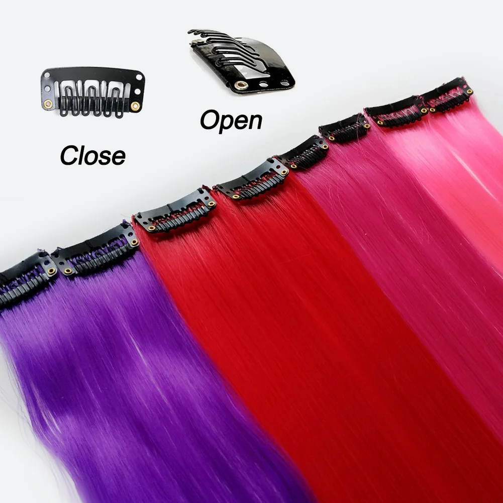 20Pcs Girls Hair Accessories Rainbow Colore Hair Extensions Clip in Party Highlight 22inch Straight Synthetic Rainbow Hairpieces