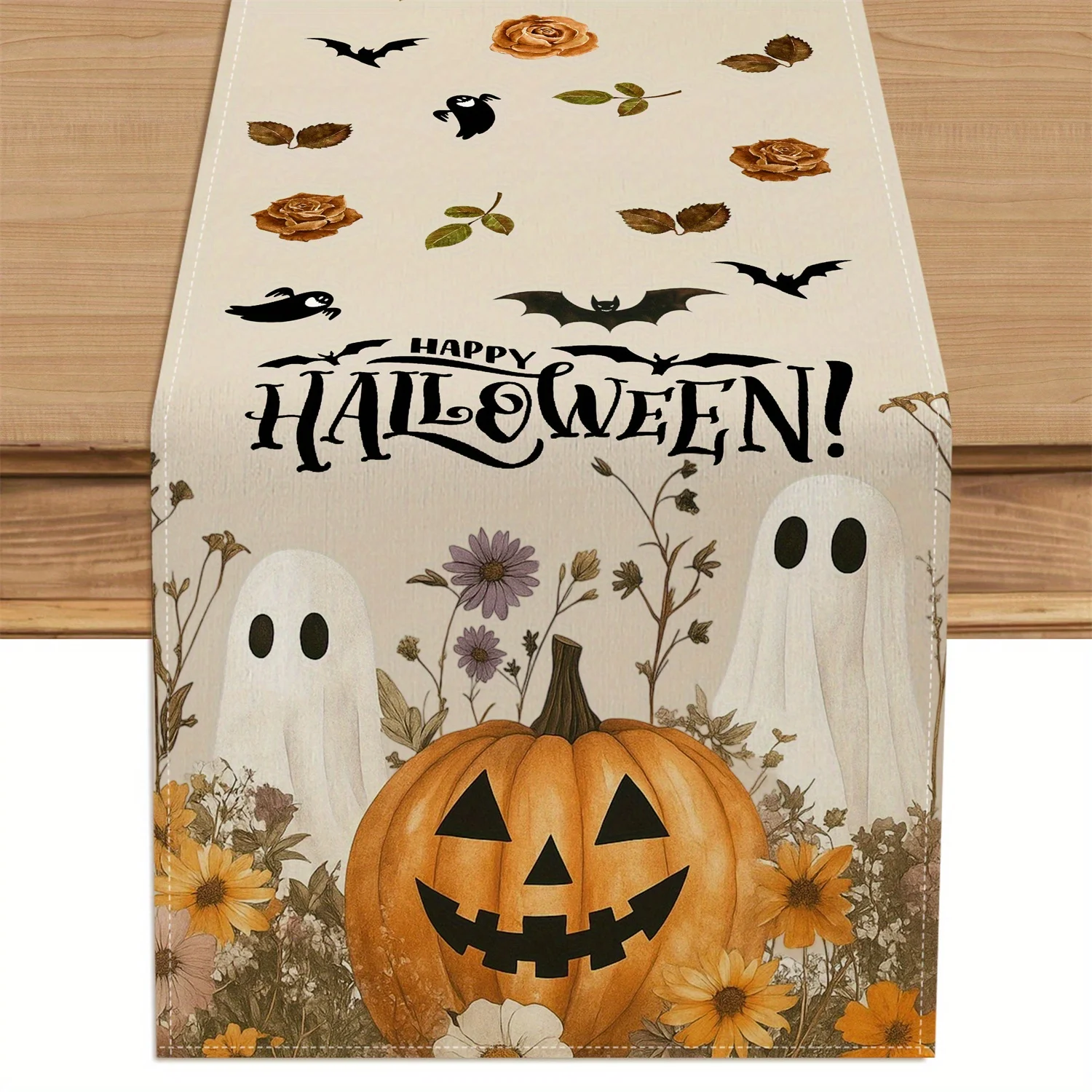 Halloween Pumpkin Table Runner Black Spider Web Ghost Skeleton Table Decor for Holiday Dinner Party Home Kitchen Dining Table