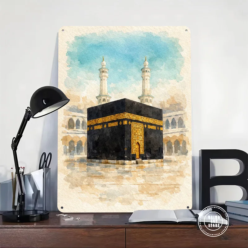 Watercolor Painting of the Kaaba in Mecca Metal Poster Custom Wall Art Retro Vintage Tinplate Signs for Home Decor Living Room