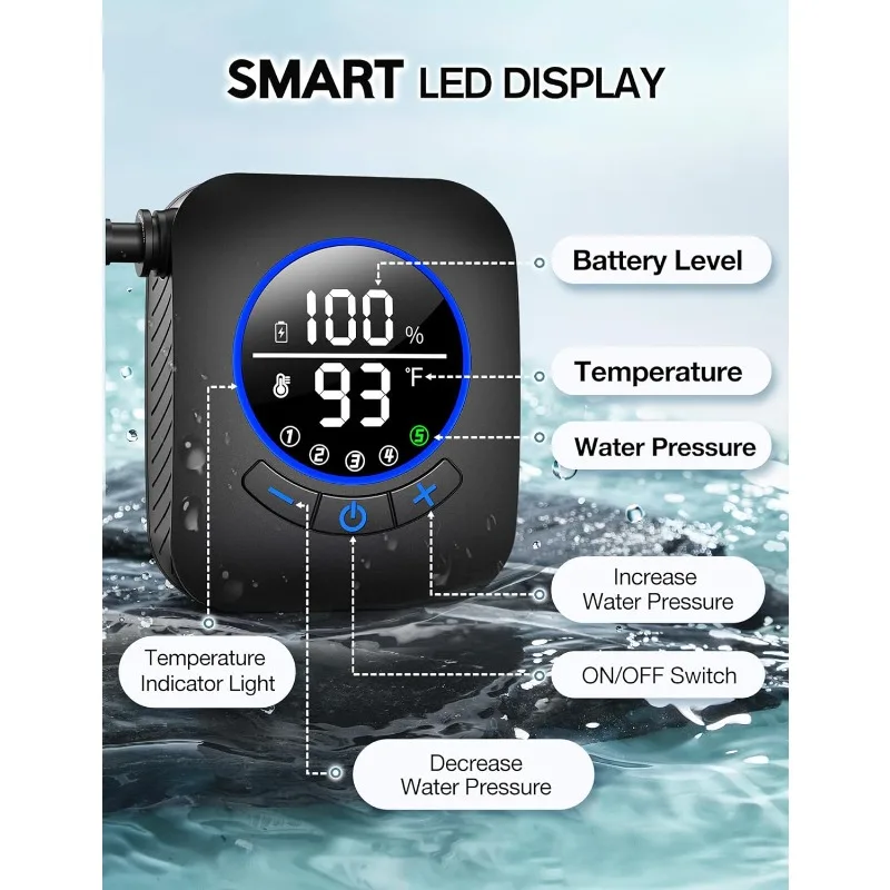 Chuveiro portátil para acampamento 8000mAh com fluxo de água mais forte 3X, chuveiro de acampamento portátil com 5 níveis de pressão, 4 modos de pulverização