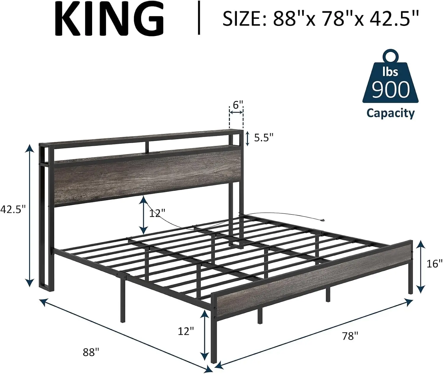 Plate-forme industrielle avec station de charge, lit King Size, planche de sauna de rangement à 2 niveaux, pas besoin de ressort de boîte