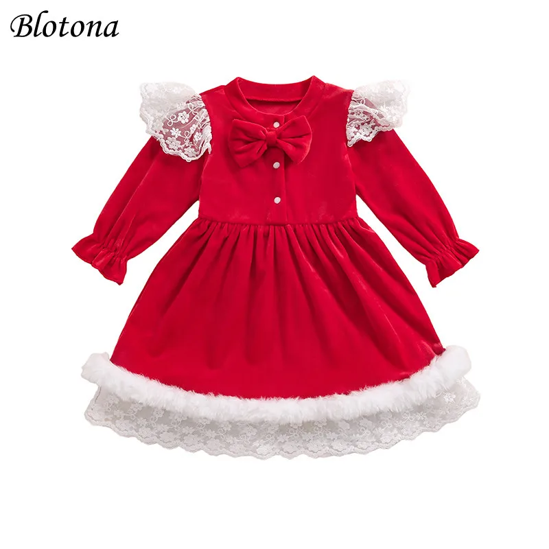 Blotona Little Girls Christmas Velvet Dress Lace Terry Trim Long Sleeve Bow Button-up Dresses Adorable Outfits