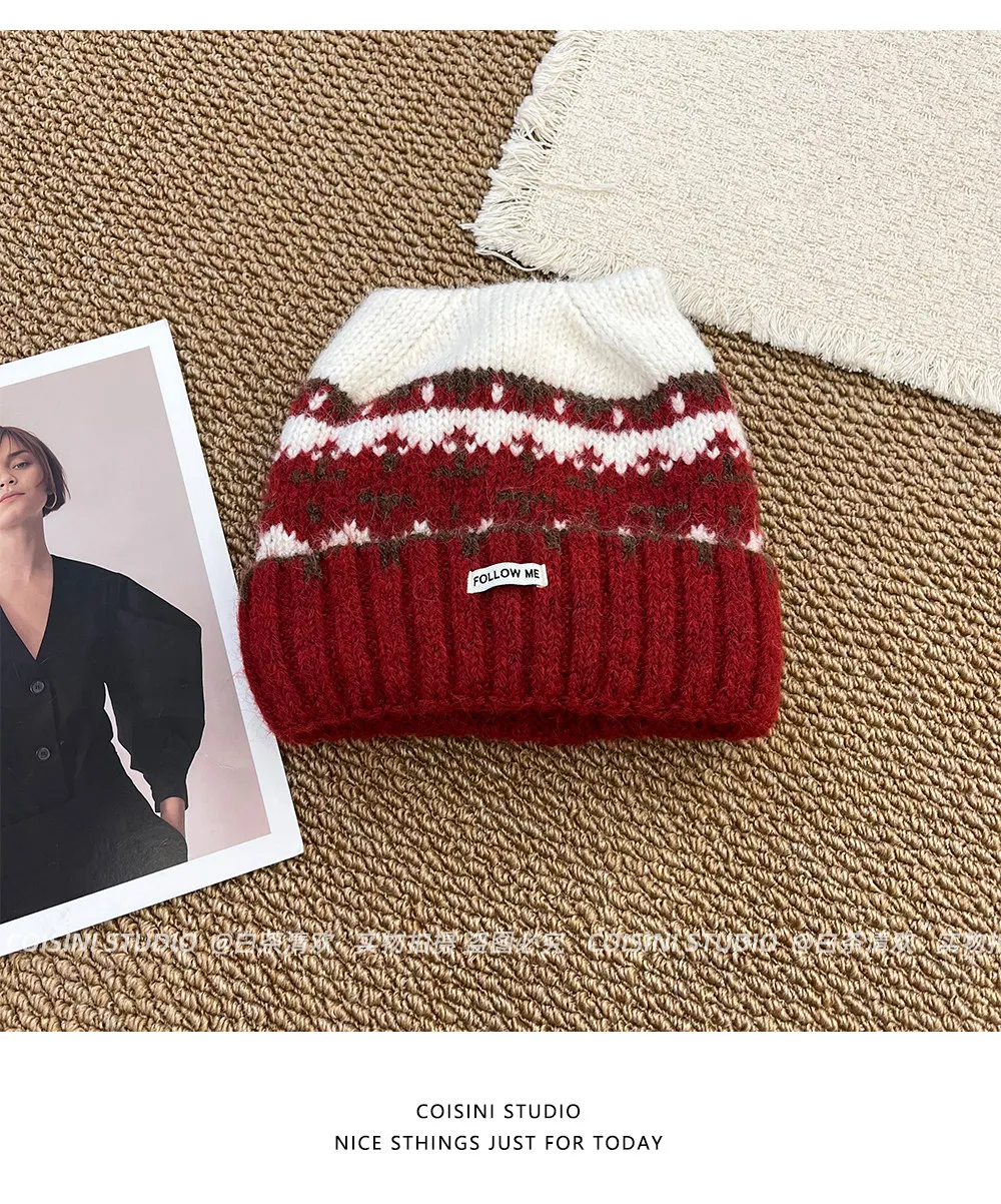 Niedliche Strickmützen mit Katzenohren für Damen, Fair-Isle-Jacquard-Muster, weiche, warme, flauschige Strickmützen, Herbst- und Winter-Kopfbedeckung für den Außenbereich. – Detail 10
