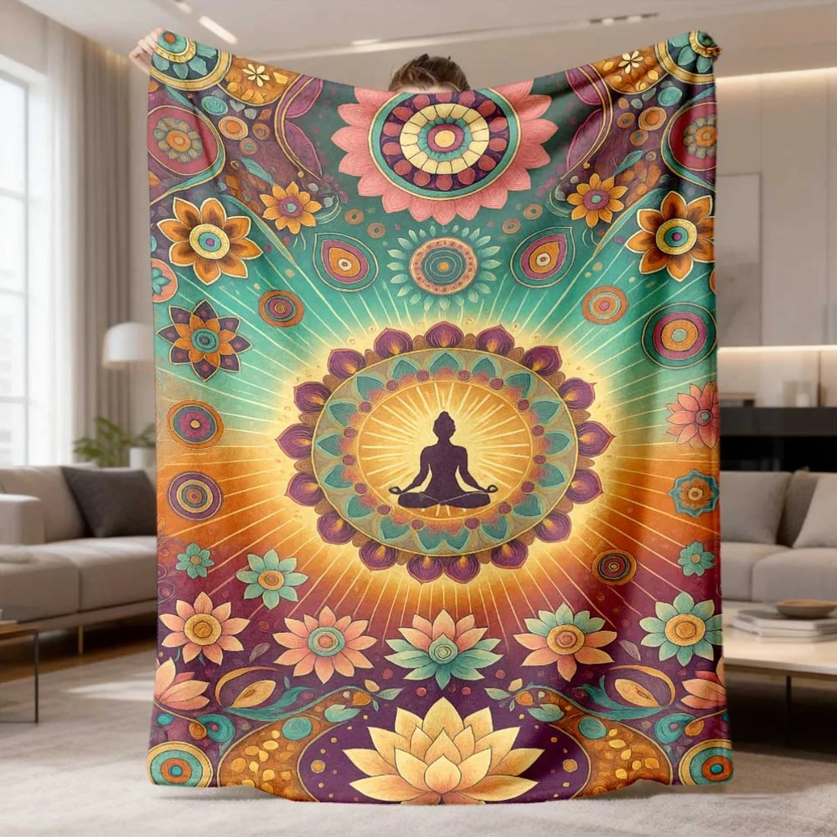 2026 New Flannel Blanket Release 1pc Mandala Meditation Throw - Soft, Warm, And Comfortable with a Bright Yoga-Inspired Pattern,