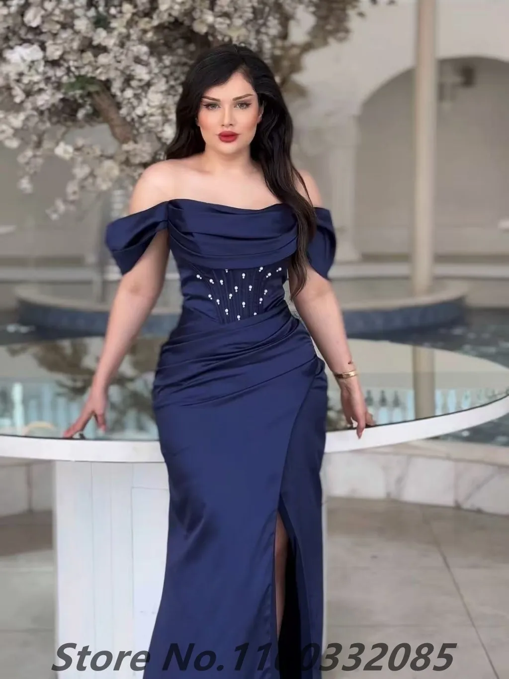 Eightale 2025 vestido de noche de sirena negro personalizado con perlas fuera del hombro vestido de fiesta árabe ajustado para mujer