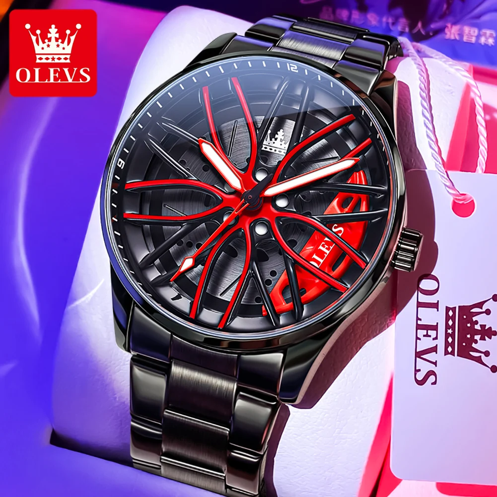 OLEVS Personalized New Quartz Watch Men's 3D Rotating Wheel Hub Stainless Steel Band  Cool Men's Sports Fashion Luminous Watch
