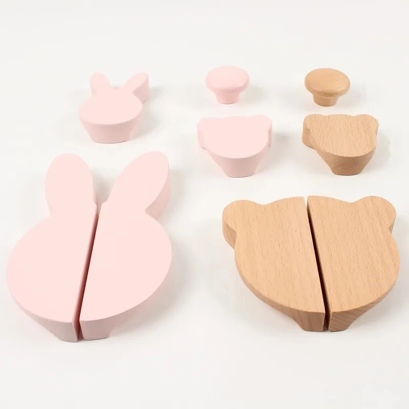 Solid Wooden Cabinet Handles Beech Rabbit Wardrobe Pulls For Children's Room Pink Bear Drawer Knobs Modern Furniture Hardware