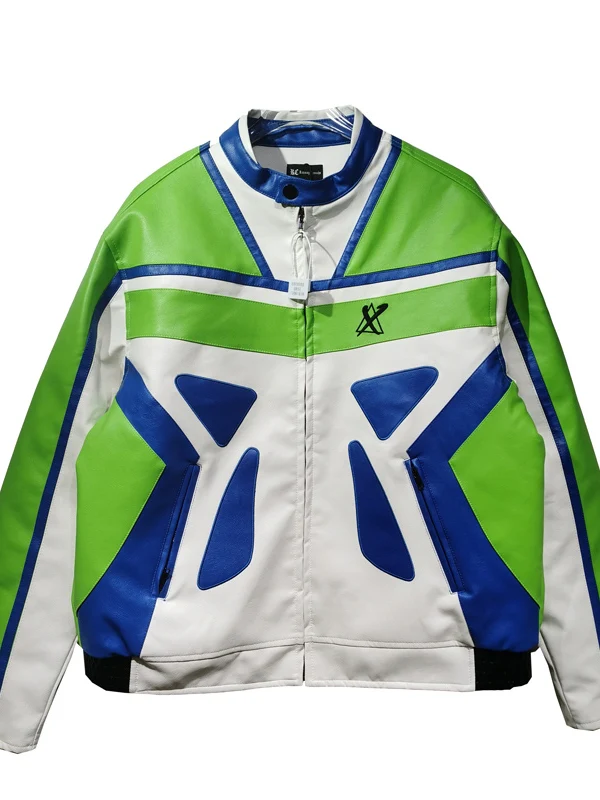 

een Contrast Color American Sle Men's Motorcycle Jaet Street Faion PU Leather Coat Youth Trendy Long Sve Zipper Cl...