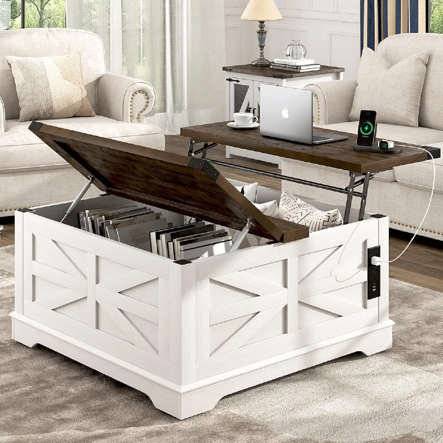 Farmhouse living room coffee table: wood, white, movable lift top with storage, power outlets, wheels, barn door design, large