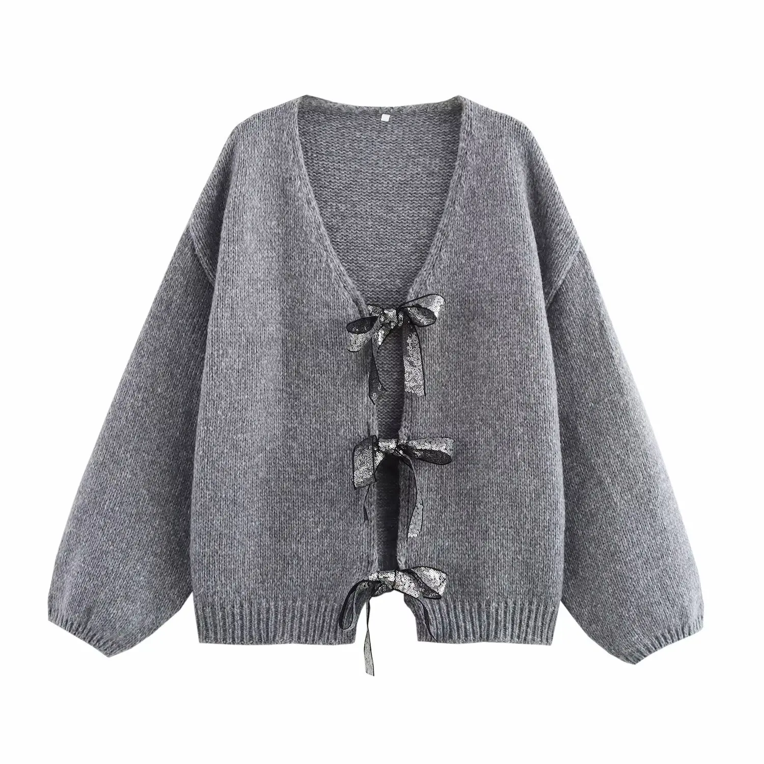 

Осенний свободный вязаный свитер с блестящими узлами, кардиган JnleaoG, женский полиэстетический длинный свек, вязаный открытый фас...