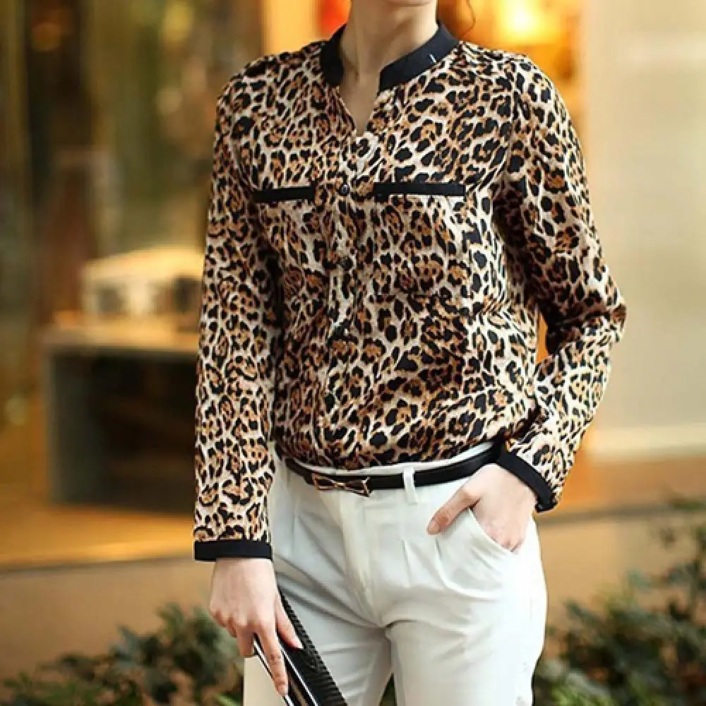 Women Leopard Print Long Sleeve Chiffon Loose Shirt Pockets Button Down Autumn Casual Loose Top Shirts Blouses