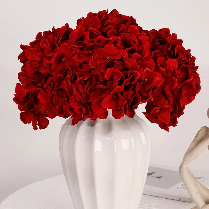 NEU 5 Köpfe große rote Hortensien Seidenblumen Hortensien künstliche Blumen gefälschter Blumenstrauß Blumenarrangements für Zuhause Hochzeitsdekoration – Detail 3