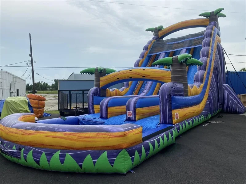 Commercial backyard palm tree jumping bouncer marble tropical wate slide bounce house inflatable water slide with pool