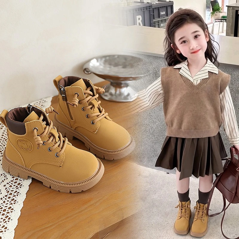 New Children's Platform Ankle Boots Classic Brown Retro Autumn Boots for Girls Boys Outdoor School Breathable Kids Leather Boots