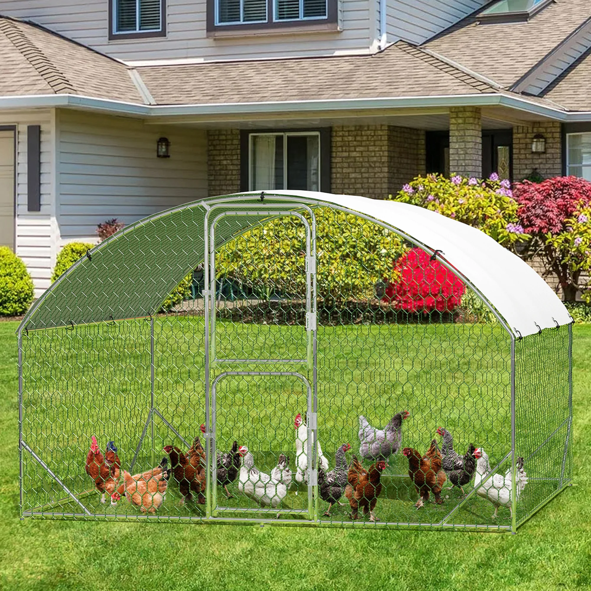 Large Metal Chicken Coop, Walk-In Poultry Cage, Chicken Run Pen House With Reinforcement & Waterproof & Anti-Ultraviolet Cover Chicken Coop Run With Double Lockable Doors for Outdoor