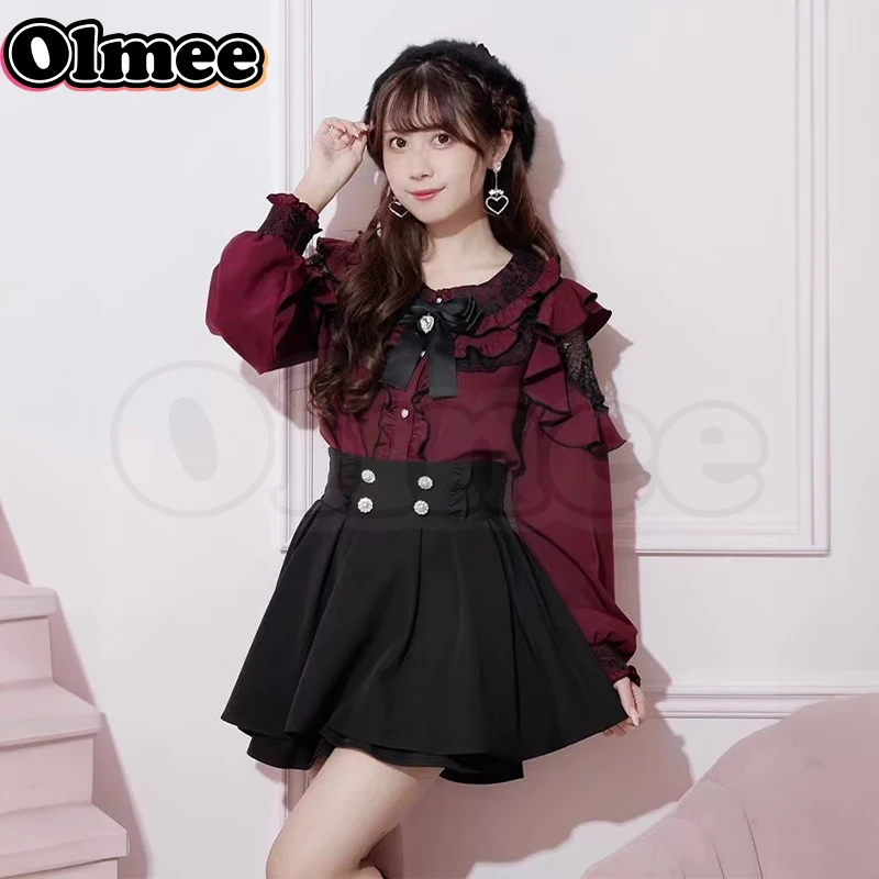 [Olmee] In Stock Jirai Kei Accessories Red Lace Puff Puffy Blouse Shoulder Shirt Japanese Lolita Ryousan Gata Kawaii My Love