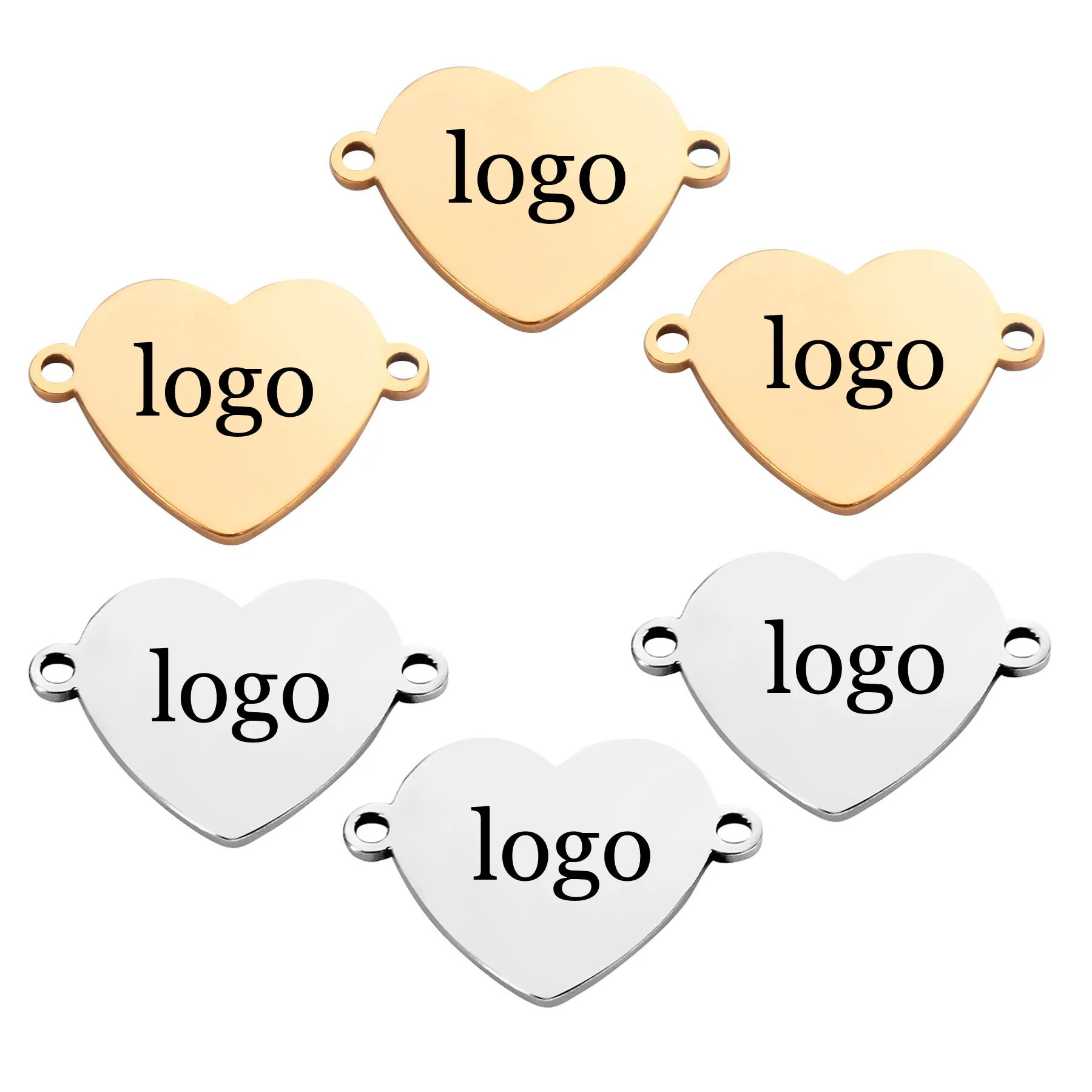 

20Pcs/lot Stainless Steel Custom Name&Logo 2 Hole Heart Charms Connector For DIY Pendant Necklaces Bracelets Jewelry Making