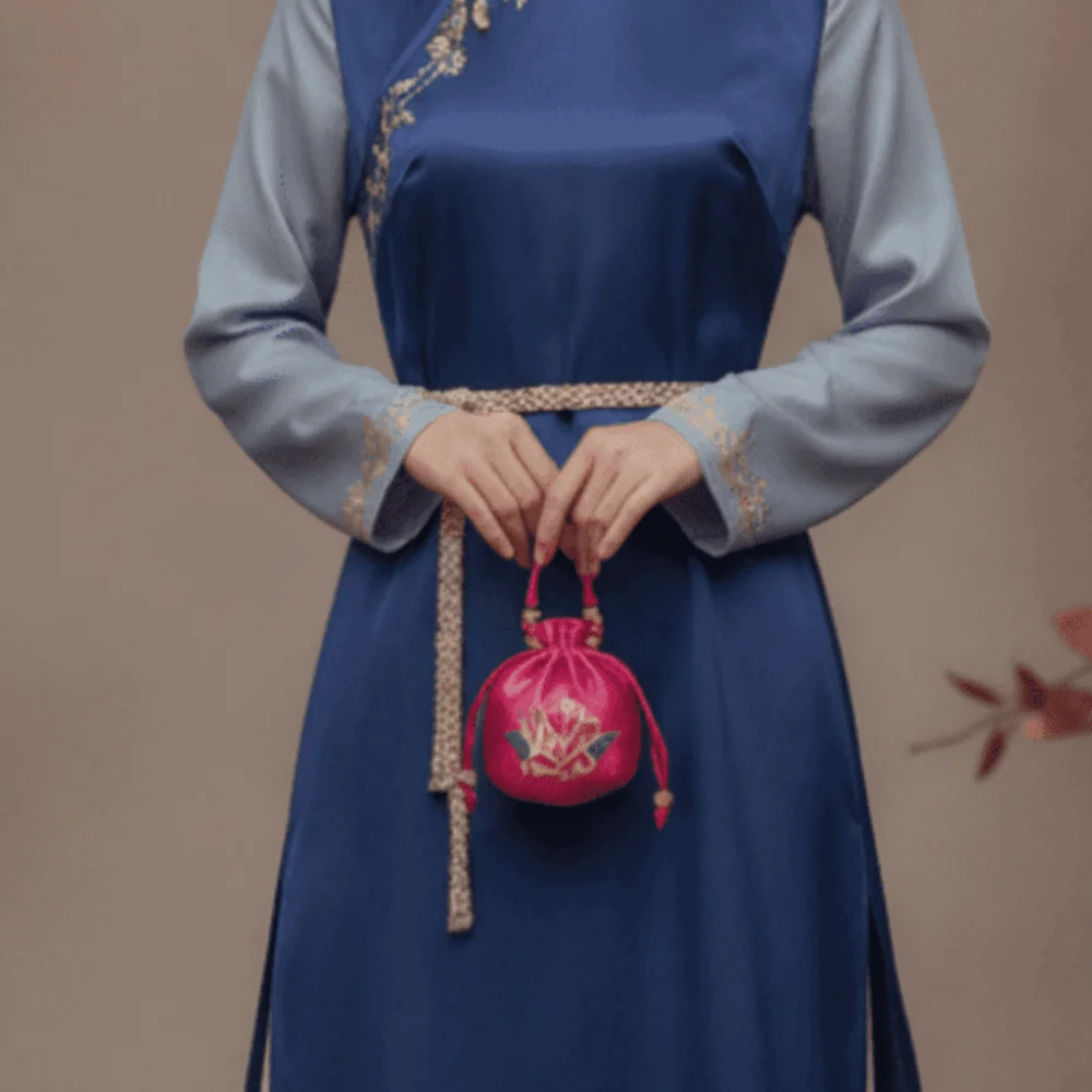 Lotus Embroidery Embroidered Sachet Drawstring Closure Beads Lotus Drawstring Bag Empty Pouch Silk Satin Vintage Chinese Pouch