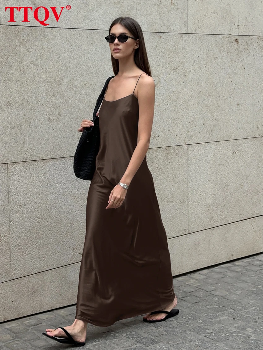 

TTQV Sexy Loose Brown Satin Women's Dress 2026 Summer Strap Sleeveless Maxi Dresses Elegant Classic Solid Female Sundresses