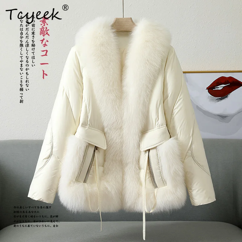 Tcyeek الخريف الشتاء الراقية العصرية الثعلب الفراء النسخة الكورية الخامس الرقبة المرأة الأبيض أوزة أسفل معطف الفرو Casacas Para Mujer Invierno