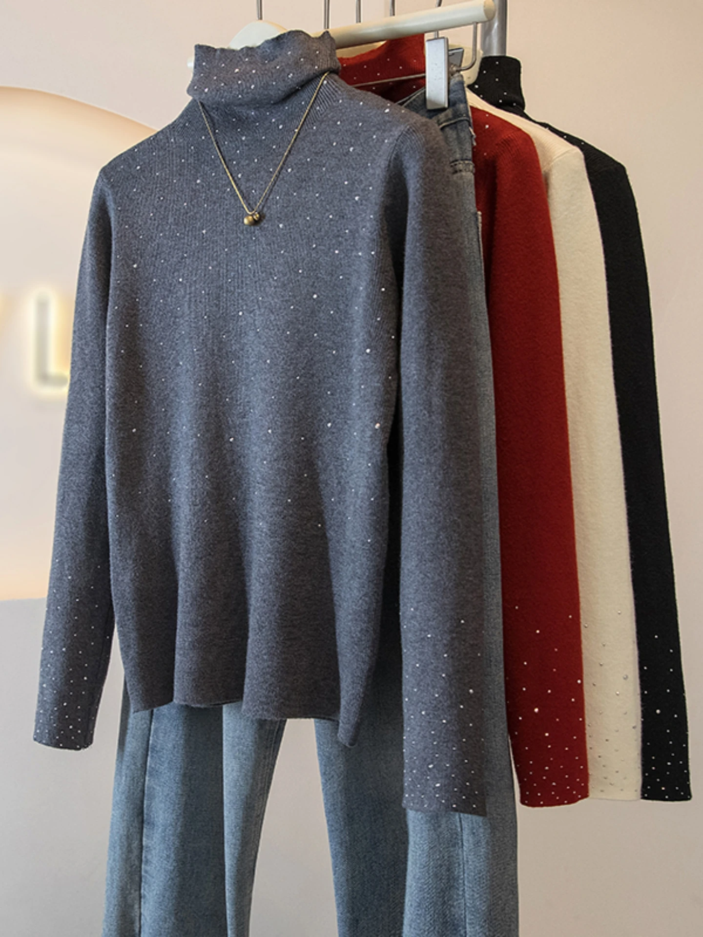 Women's High Collar Knitted Base Shirt Sweater Spring Autumn plus Size Slimming Design Rhinestone Top Comfortable Soft Korean...