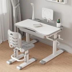 Kids Study Desk and Chair Set Height Adjustable, Children School Writing Functional Study Table with Drawers Lamp Bookstand