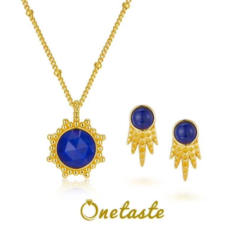 Natural Lapis Lazuli Stone 925 Sterling Silver Luxury Jewelry Set With Round Sunshine Pendant Necklace And Stud Earrings Gift