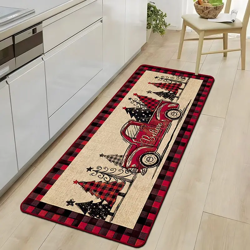 VIKAMA Christmas Red Truck Runner Rug Buffalo Plaid Border Tree Believe Pattern Non Slip Hallway Carpet Xmas Floor Mat Kitchen